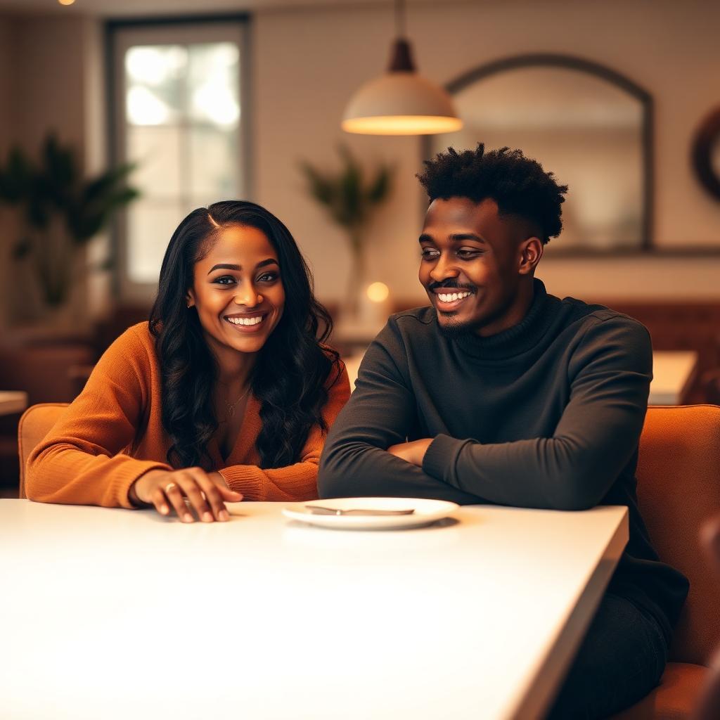 A warm, smiling couple in easy conversation at a café table